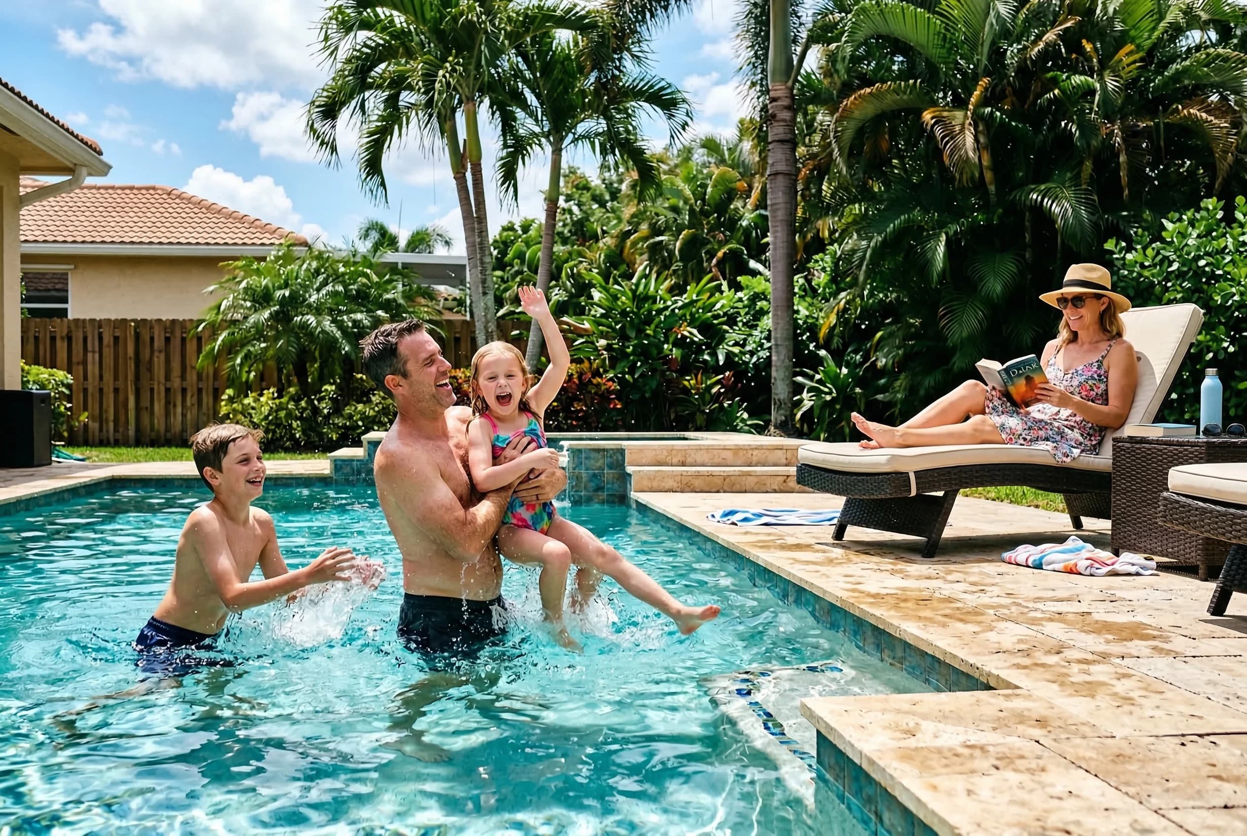 Family enjoying their fiberglass pool