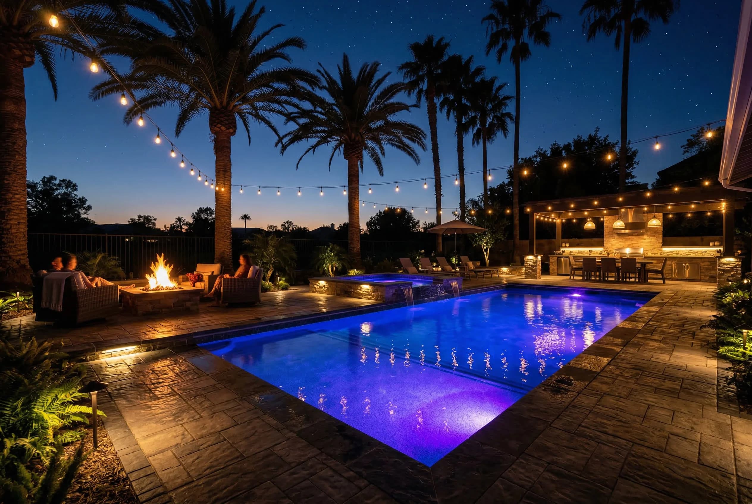 Pool at night with LED lighting and fire pit